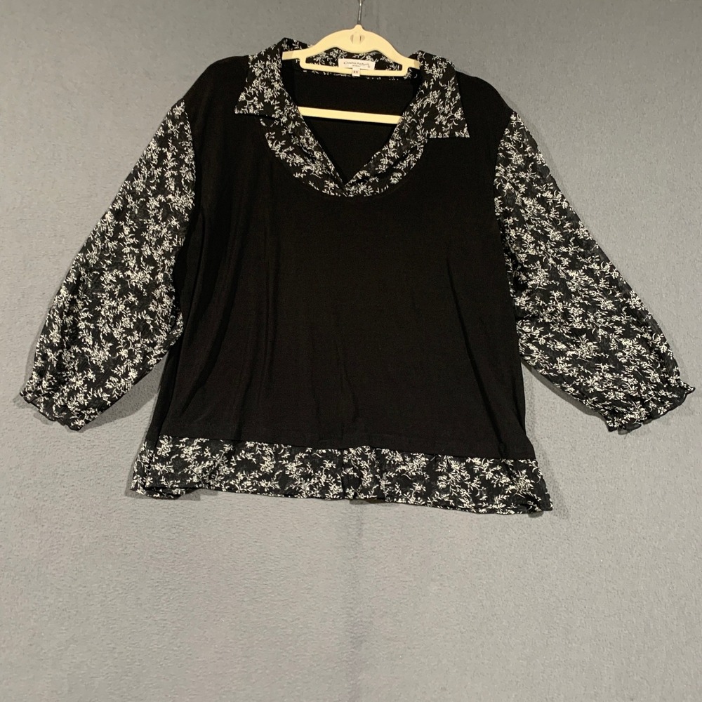 Claudia Richard Woman 2X Black Floral Layered Look 3/4 Sleeve Knit Blouse Top